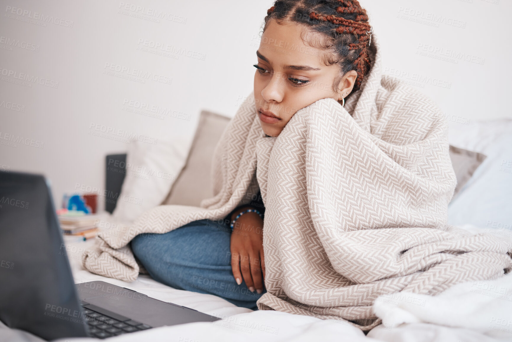 Buy stock photo Depression, bed and woman streaming on a laptop, looking sad and lonely while searching for online comfort in bedroom. Mental health, anxiety and insomnia by bored black girl watching movie in home