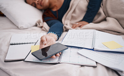 Buy stock photo Phone, books and sleeping woman student tired from learning, studying and education exam paper in bed. University or college girl rest with mobile smartphone for online research paperwork document