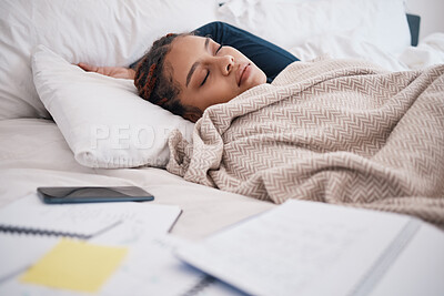 Buy stock photo Burnout, sleeping and tired scholarship or university student in bed after study or research with smartphone. Sleep or fatigue woman while learning for test or exam with notebook in bedroom at night