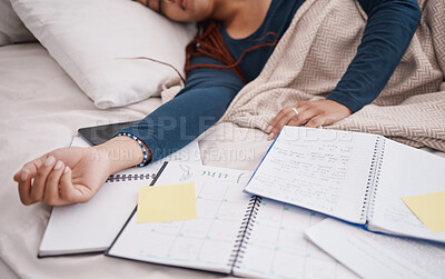 Buy stock photo Calendar, time management and student sleeping in bed for studying education, learning knowledge and planning. Tired, burnout college university woman with notebook, sticky note planner and schedule