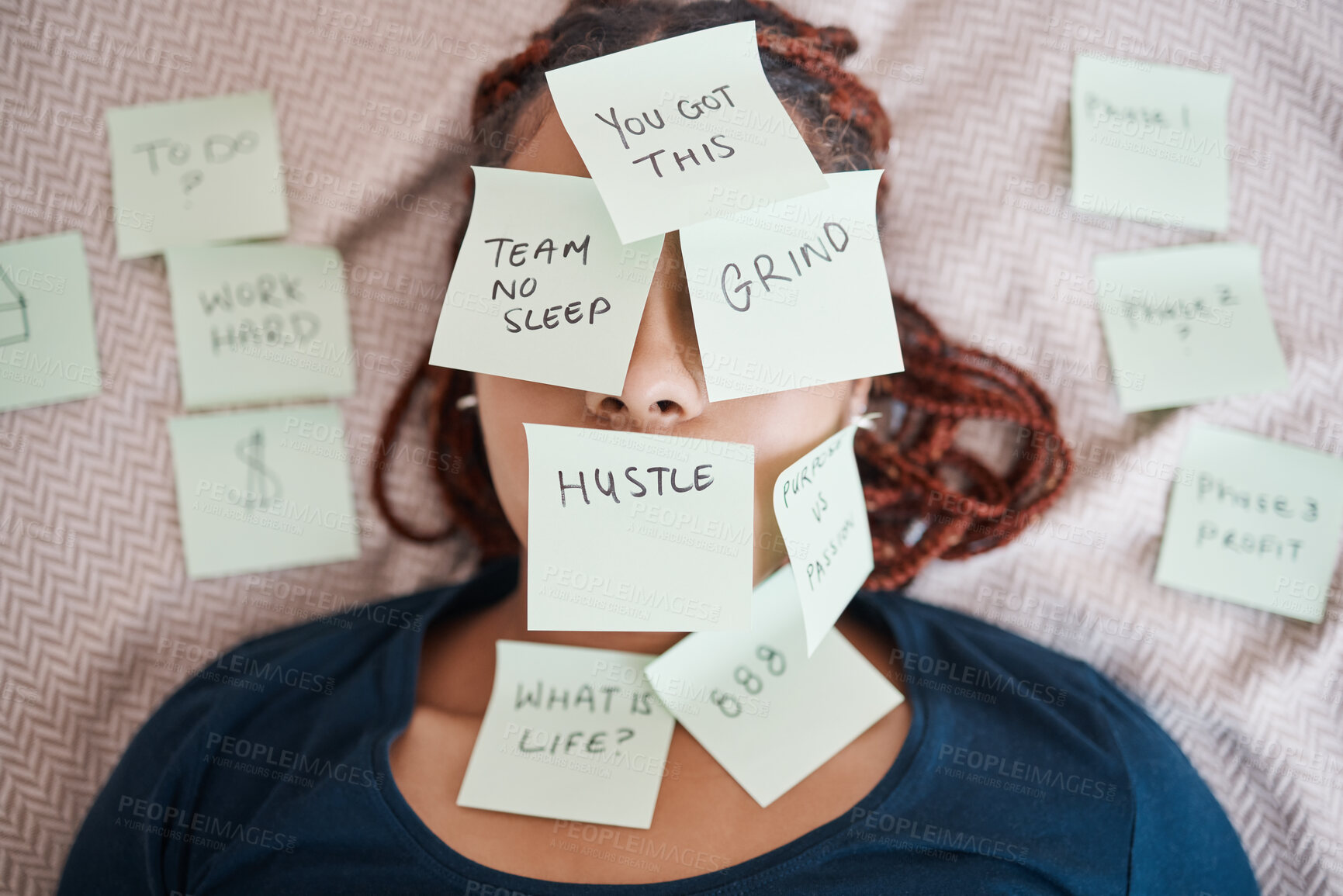 Buy stock photo Tired, sticky note and sleeping woman in overworked, schedule or overwhelmed with work and tasks on bed. Female worker covered in paper, pressure and bedroom chaos or information overload at home