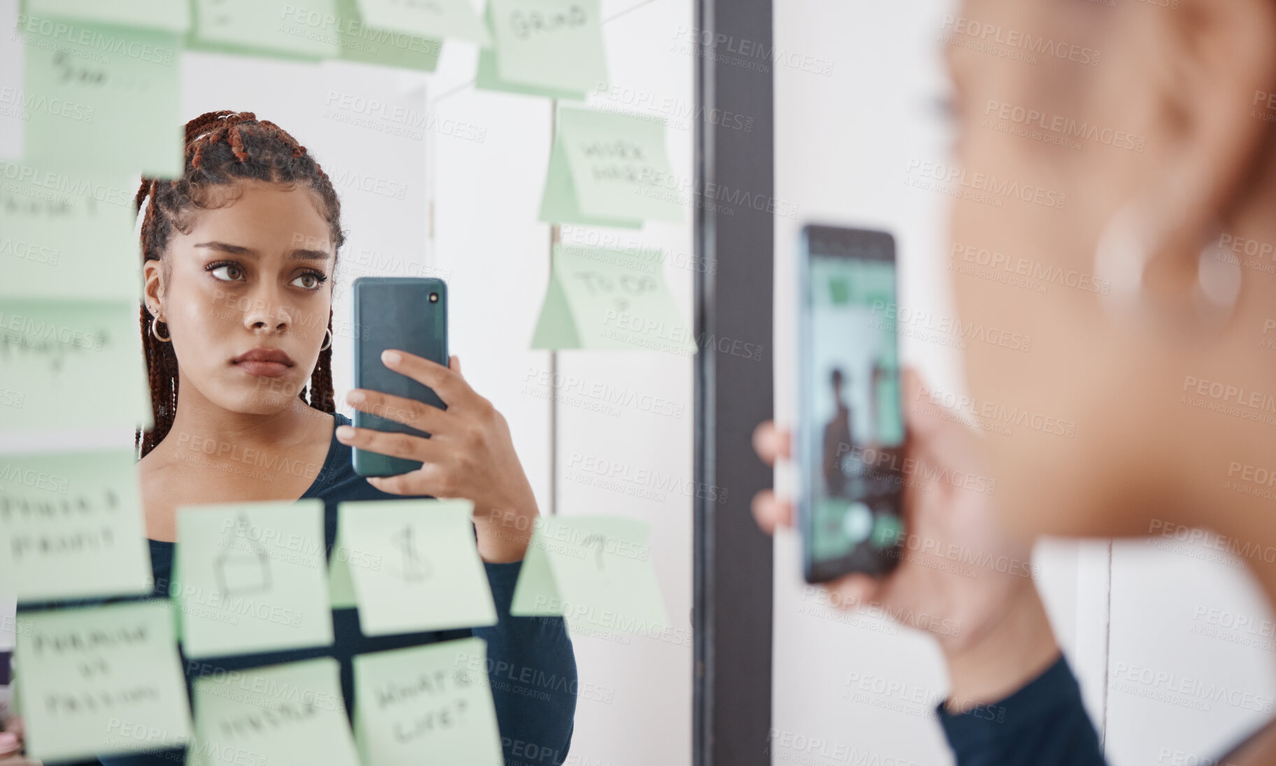 Buy stock photo Sad, anxiety and woman at mirror with phone for pensive reflection photograph for social media. Depressed black girl with frustrated and unhappy face thinking of self esteem problem in distress.