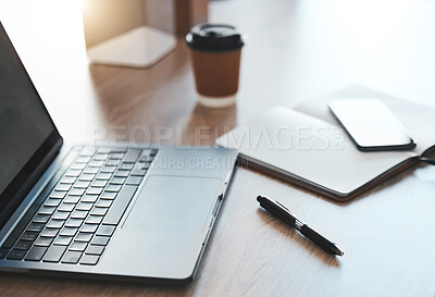 Buy stock photo Empty desk, laptop and coffee shop with notebook, pc tech and pen for SEO, UX and UI web design at cafe store workspace. Desk or table with digital computer on internet wifi for online business email