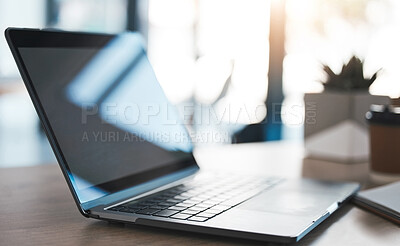 Buy stock photo Laptop on a desk in modern office to work on a project, virtual business meeting or online research. Closeup of a computer, technology and pc on a table in the minimal company building.
