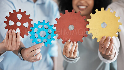 Buy stock photo Problem solving business people with integration sign for teamwork, collaboration and connection while working together. Corporate worker group with cogs for synergy, cooperation and system solution