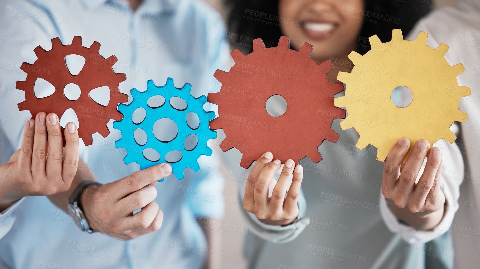 Buy stock photo Problem solving business people with integration sign for teamwork, collaboration and connection while working together. Corporate worker group with cogs for synergy, cooperation and system solution
