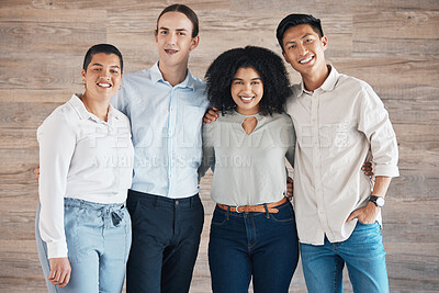 Buy stock photo Business people portrait for teamwork, diversity and trust in a creative, innovation and happy company, ngo or startup. Group of people with smile for internship opportunity and staff hug together