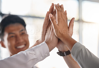 Buy stock photo Hands, success and motivation team in celebration, collaboration and trust at business meeting in office. Management business people celebrate support, diversity and teamwork strategy at company