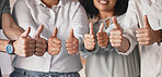 Thumbs up hands for teamwork, motivation and support at advertising startup company office. Partnership of marketing agency business people in collaboration, trust and success of target goal meeting