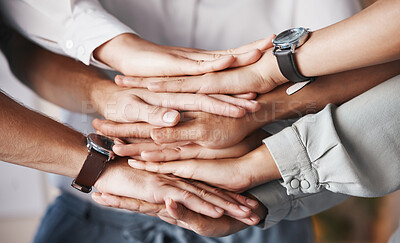 Buy stock photo Business teamwork hands, support and collaboration in motivation for goal, vision and success together. Closeup group of people, diversity and trust for winning agreement, partnership and achievement