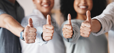Buy stock photo Success thumbs up, team support and happy with collaboration in office, agreement in training at startup company and motivation for training at work. Thank you, goal and vision for employees