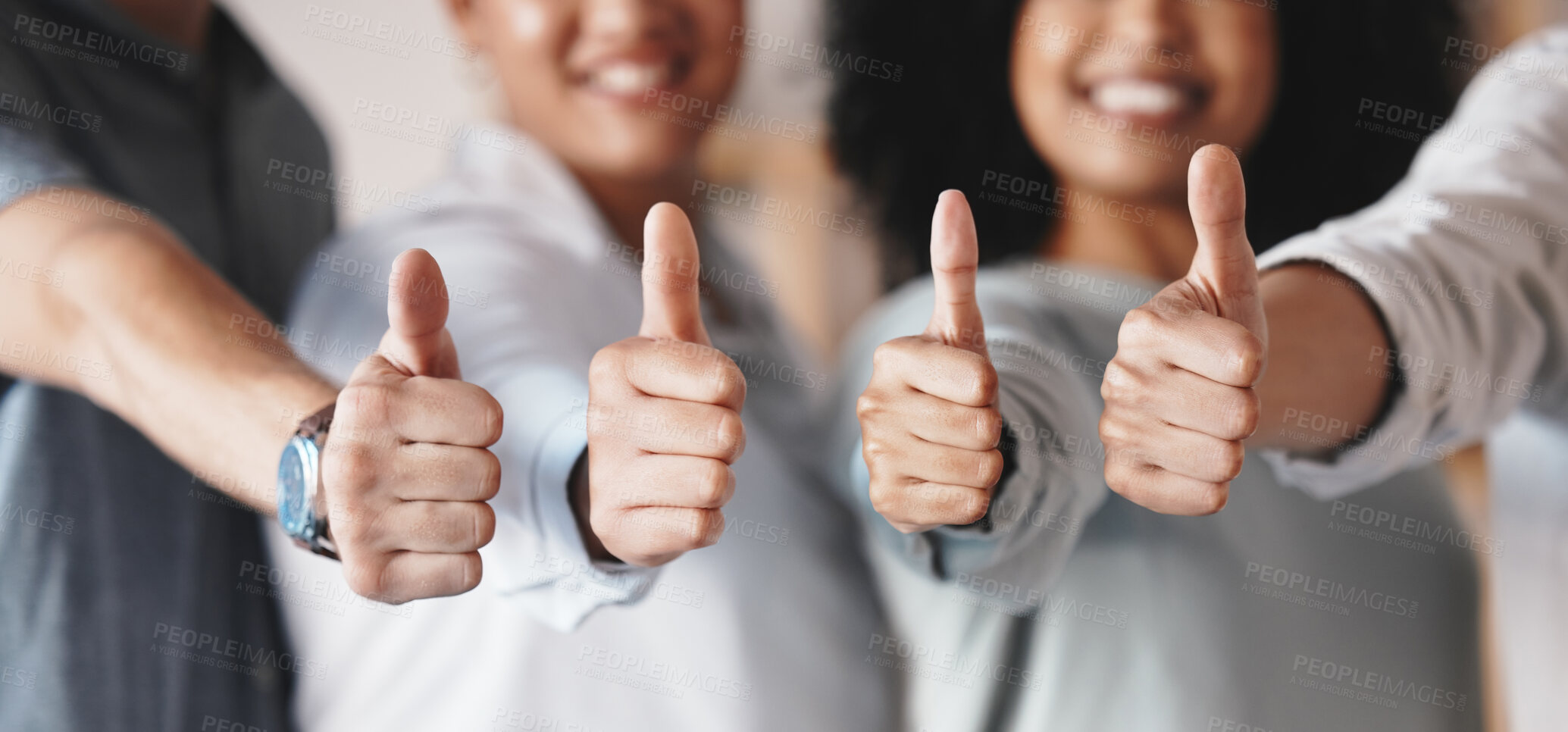 Buy stock photo Success thumbs up, team support and happy with collaboration in office, agreement in training at startup company and motivation for training at work. Thank you, goal and vision for employees