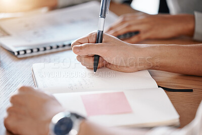 Buy stock photo Business hands writing notes, schedule and planning ideas, meeting administration and research paper notebook on desk office. Closeup of event planner reminder, team agenda and journalist information