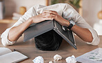 Stress, frustrated and burnout for man with laptop to cover face, head or skull overwhelmed with paperwork. Marketing business man with crumble paper and frustration from work load, chaos or problem