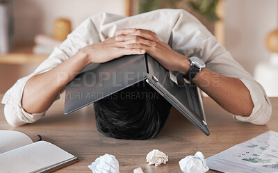 Buy stock photo Stress, frustrated and burnout for man with laptop to cover face, head or skull overwhelmed with paperwork. Marketing business man with crumble paper and frustration from work load, chaos or problem