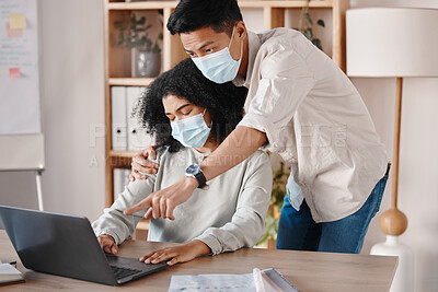 Buy stock photo Covid, sexual harassment and business people on laptop with mask for health, safety or corona virus. Teamwork, training or team on tech computer on office desk working on a project, task or email.

