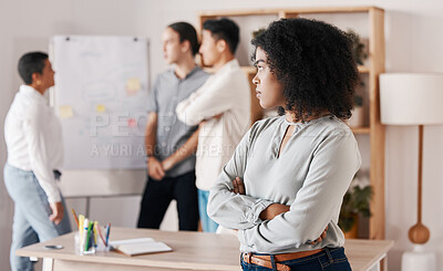 Buy stock photo Angry and frustrated black woman in business meeting team presentation for creative web advertising and marketing agency. African girl or employee with anger problem and arms crossed at management