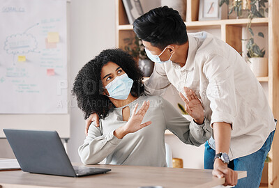 Buy stock photo Covid employee stop worker in social distancing policy, health risk and workplace safety rules of office. Corona virus warning, caution and woman reject hug, touch and greeting of sick man in danger