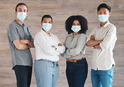 Buy stock photo Portrait of diversity team with mask for covid safety, health or protection from bacteria, virus or covid 19. A group of people, staff or workforce standing together in solidarity and support