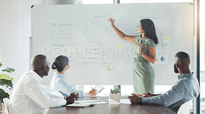Buy stock photo Businesswomen uses whiteboard for presentation of research, strategy and vision to colleagues to grow their company. Using her leadership skills, she speaks to other employees to give a sales talk 