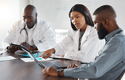 Buy stock photo Doctors and accountant or b2b planning hospital finance report, budget or accounting with online ppt. Chart, graph and data analysis teamwork of businessman and medical healthcare worker planning