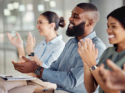 Buy stock photo Applause, motivation and success with a business team clapping during a workshop for learning, coaching and development. Collaboration, teamwork and goal with a crowd in celebration of an achievement