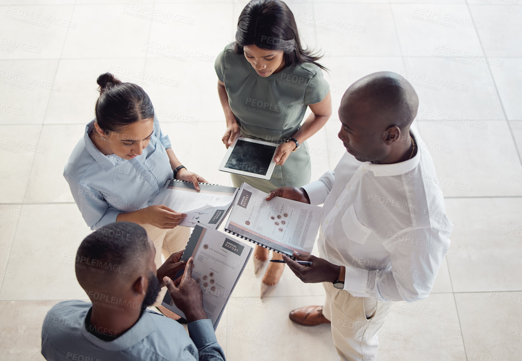 Buy stock photo Corporate data team talking in office, planning strategy business meeting and marketing group compare graphs. Young people working at job, company staff collaboration and startup workforce analysis