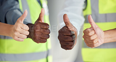 Buy stock photo Thumbs up, hands and construction worker diversity in success, trust and support of building design and architecture. Zoom on engineering men and women with real estate property vision and motivation