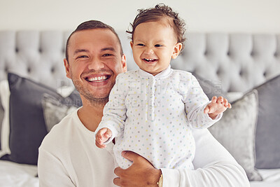 Buy stock photo Happy father smile with baby, on bed in cute moment together in house or apartment in the morning. Excited new dad with young child, show expression of happiness and care in bedroom at family home