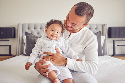 Buy stock photo Happy baby and father relax in a bedroom portrait for love, support and child care. Excited, happiness of dad holding newborn girl, child or kid bonding together for healthy growth development