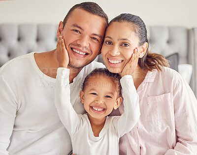 Buy stock photo Happy family, morning bonding and love from child with mother and father in their bedroom after waking up and wearing pajamas. Portrait of man, woman and daughter showing smile and close bond at home