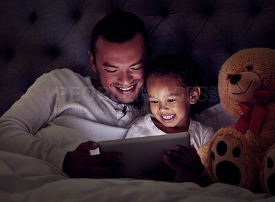 Buy stock photo Night, tablet and man and girl in bed watching a movie, series or show for entertainment. Love, smile and happy father and daughter relax in home bedroom playing online game or reading digital ebook