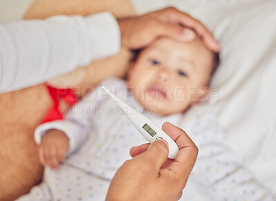 Buy stock photo Thermometer, covid and sick baby in bed with parents hand on their forehead checking for fever or flu at home. Worry, care and person caring for a little child testing for illness or cold problem