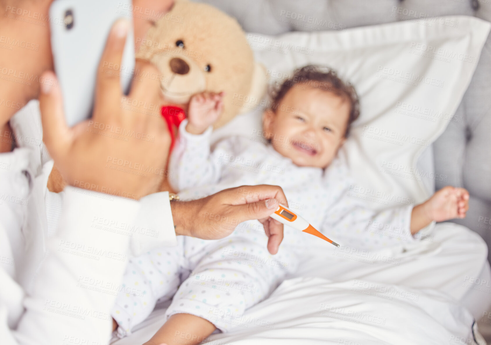 Buy stock photo Sick child with covid or flu, mother with thermometer in hand and calling doctor for crying child. Kid with bad fever, may go to hospital or clinic and get emergency medical help to save babies life 