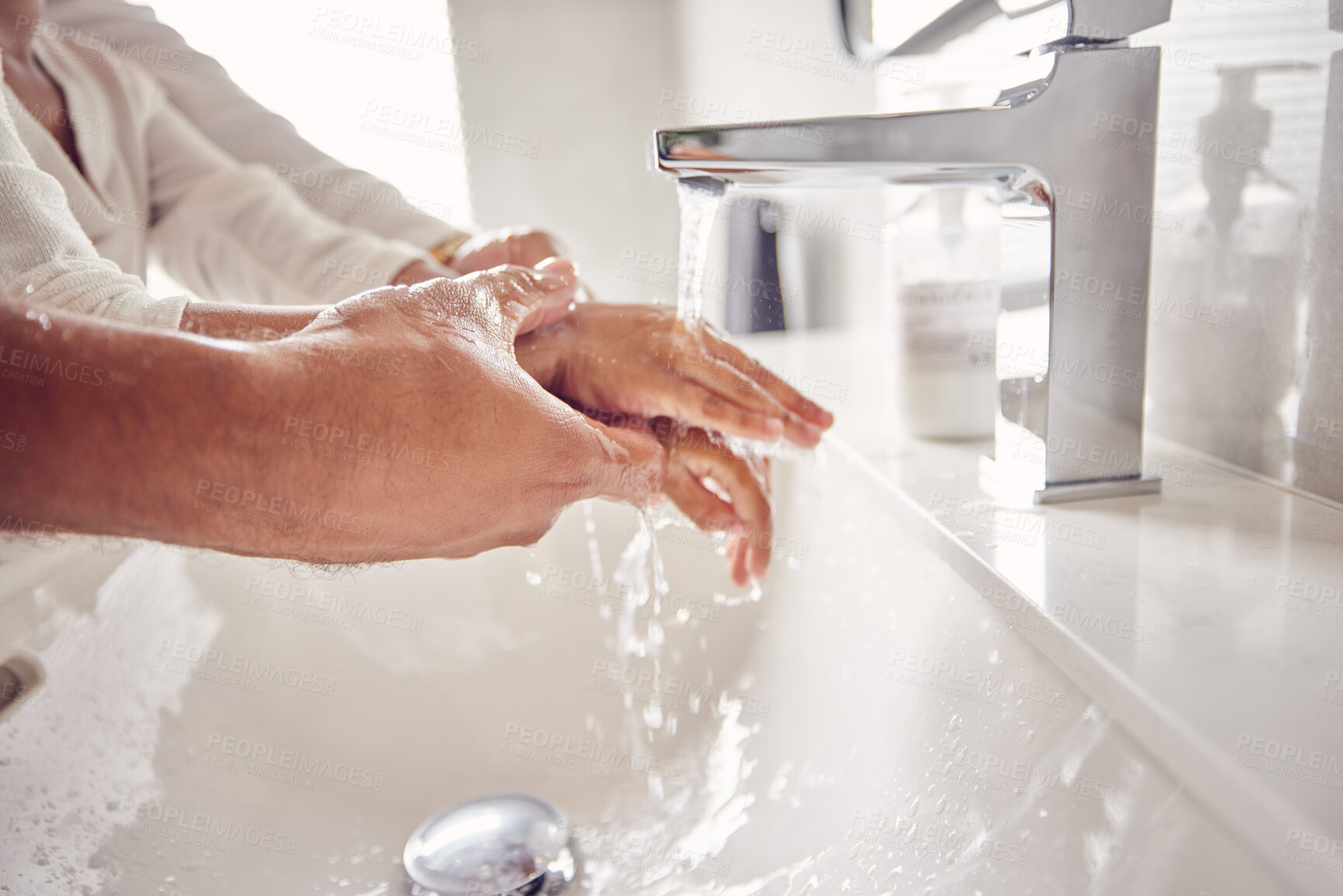 Buy stock photo Father, girl or washing hands help in water for covid bacteria cleaning or morning hygiene wellness. Zoom, man or child in home or house bathroom sink in safety skincare for healthcare security virus