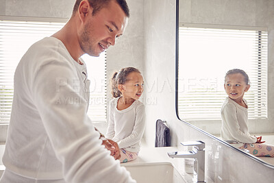 Buy stock photo Bathroom, man and child smile in morning before work and school. Cleaning, ready for the day and a father and daughter in a sunny bath room of family home. Happy kid looking at reflection in mirror.