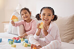 Kids, building blocks and play learning for fun, education and healthy development in bedroom at home. Portrait of two excited children, friends and young girls building with creative toys and games