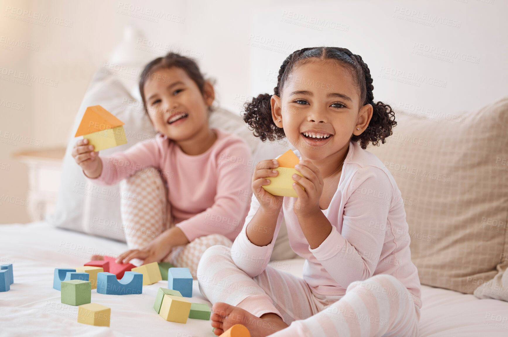Buy stock photo Kids, building blocks and play learning for fun, education and healthy development in bedroom at home. Portrait of two excited children, friends and young girls building with creative toys and games