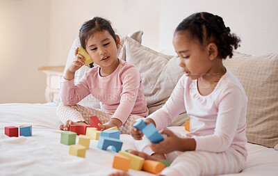 Buy stock photo Girls, friends and children playing with toys building and learning with plastic blocks in the bedroom. Kindergarten, development and playful kids enjoy a game indoors in a happy home in the morning