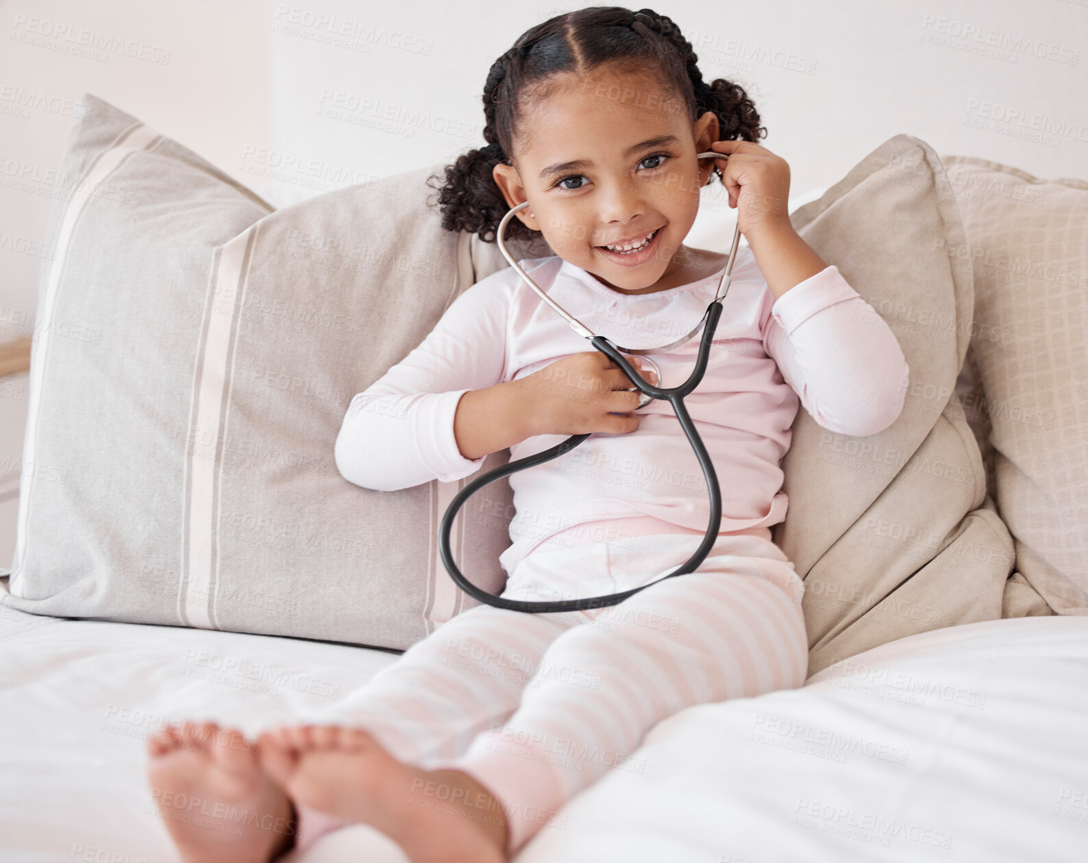 Buy stock photo Doctor game and child portrait with stethoscope to hear heartbeat for fun play time in bedroom. Young, cute and  black kid relaxing on bed with medical check equipment to listen to heart pound.