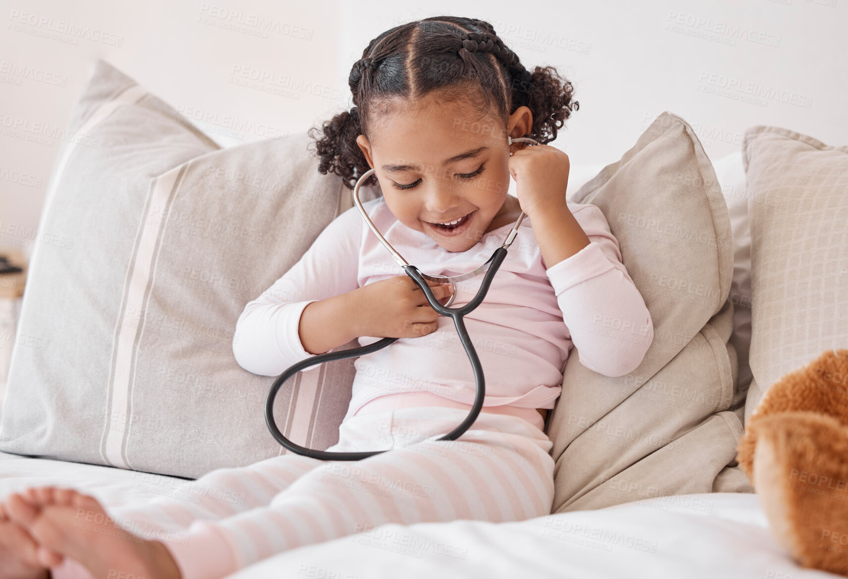 Buy stock photo Happy girl, doctor stethoscope and listening to heartbeat sound with excited smile at play learning. Young and curious child with healthcare exam equipment smiling with joy in home bedroom. 