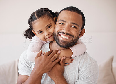Buy stock photo Children, family and love with a girl and her father hugging, embracing and bonding together in their home. Kids, smile and happy with a man and his daughter enjoying time with a loving expression
