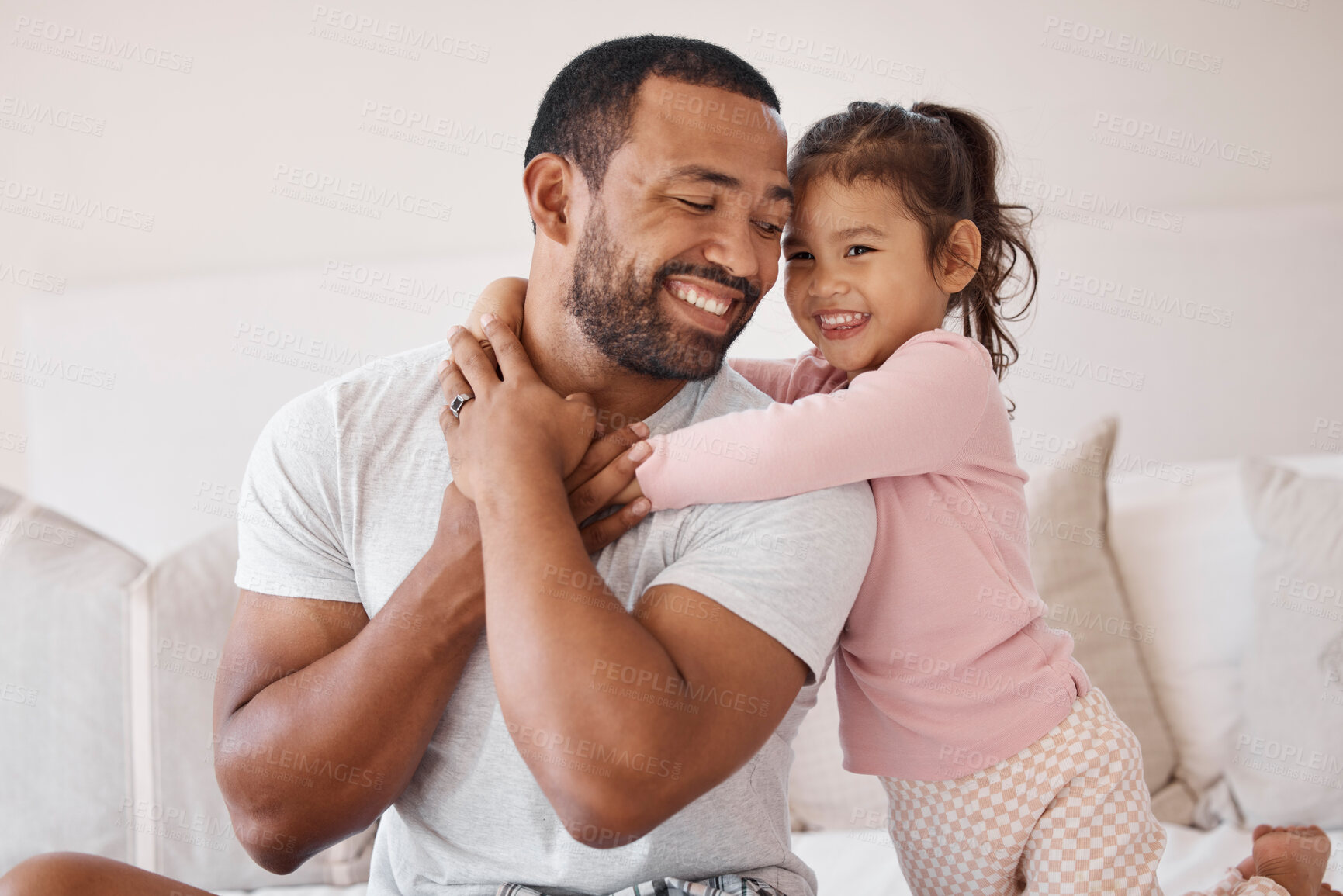 Buy stock photo Love, father and family morning hug in bedroom together with child for joyful parent bond in house. Cute embrace from young daughter with smiling dad in a happy home with care, support and trust.