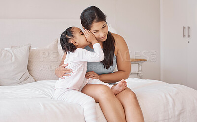 Buy stock photo Kids whisper secret in mom ear in home bedroom for trust, love and confidential talk. Care mother listening to young girl child tell privacy story, gossip news and quiet conversation for funny game 