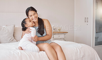 Buy stock photo Mom on bed smile, hug happy girl in pajamas on morning in home on weekend or public holiday. Mother with child, express happiness and love in bedroom, while together on vacation or family travel