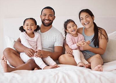 Buy stock photo Morning, love and bedroom with portrait of a happy family for lifestyle, support and relax together. Happiness, family home and smile with parents hugging children in bed for wake up, trust and care