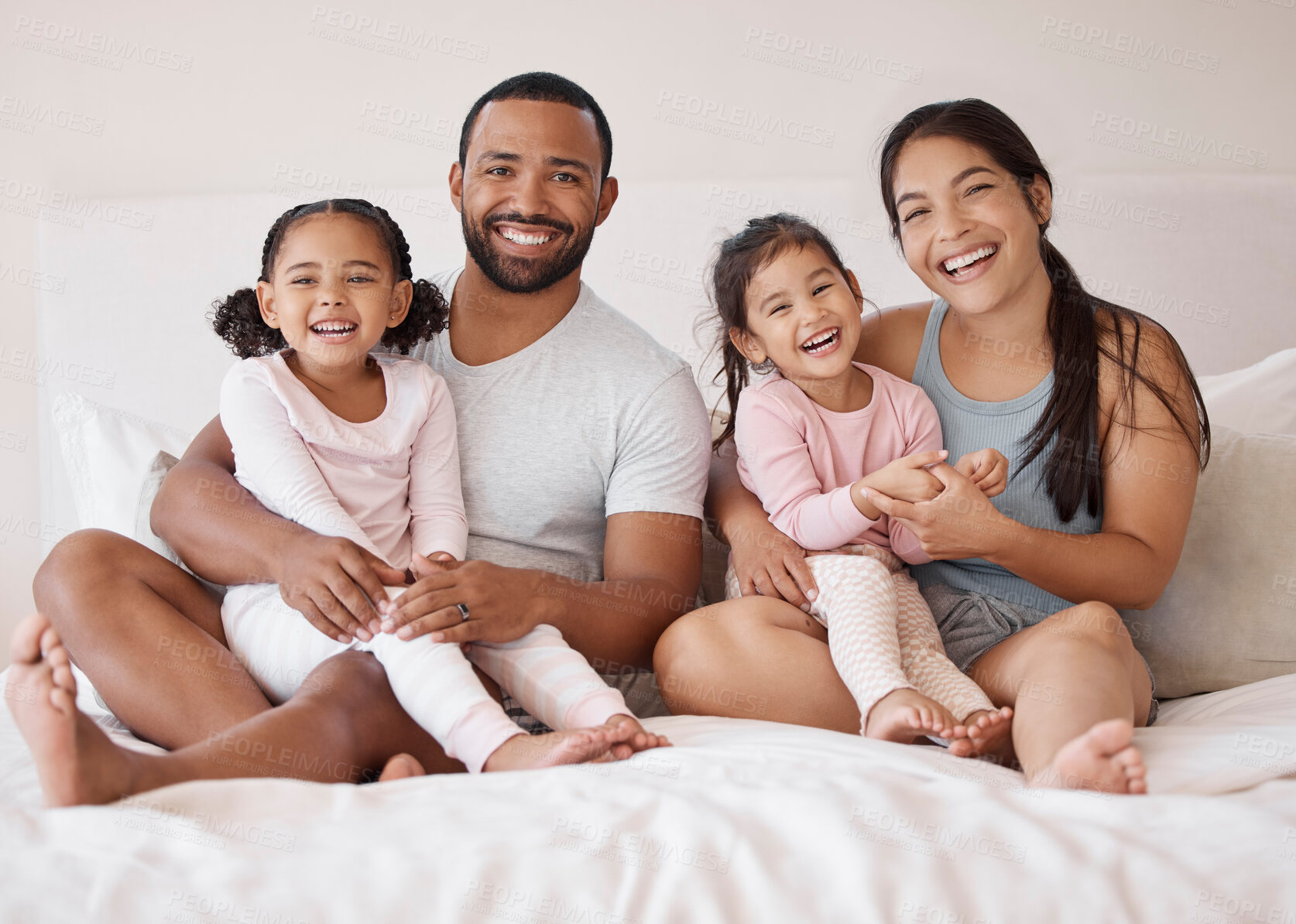 Buy stock photo Morning, love and bedroom with portrait of a happy family for lifestyle, support and relax together. Happiness, family home and smile with parents hugging children in bed for wake up, trust and care