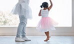 Family, dance and love with father with daughter together in a princess dress for support, childhood memory and happiness. Care, fun and lifestyle with dad dancing with young child in family home 
