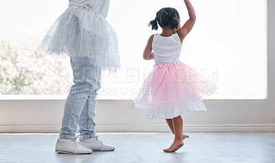 Buy stock photo Dance and love with father and daughter family together in a princess dress for support, childhood and happiness. Care, fun and lifestyle with dad dancing ballet with young child in family home