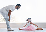 Ballerina girl, father and daughter dancing for fun and learning ballet dance and bonding at home. Happy man and child playing and spending time together wearing tutu for lesson and family activity